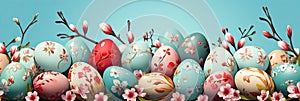 Assortment of colorful Easter eggs and blooming flowers to celebrate spring