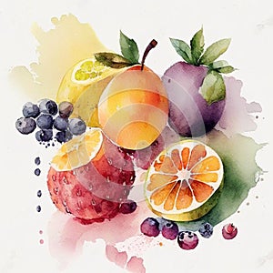 Assortment of colorful fresh fruits in watercolor style