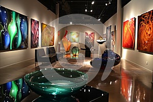 Assortment of colorful glass sculptures on exhibit, the gallery's lights reflecting on polished surfaces