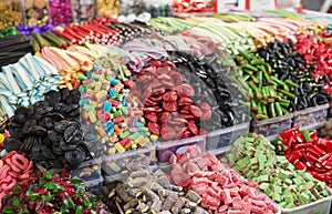 Assortment colorful gummy candies.