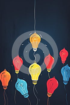 Assortment of colorful light bulbs, symbolizing ideas and innovation, with one illuminated in a dark setting