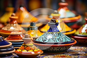 An assortment of colorful Moroccan tagines, mediterranean food life style Authentic living