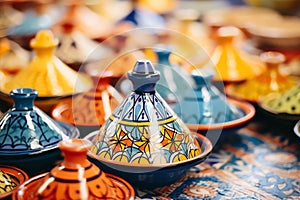 An assortment of colorful Moroccan tagines, mediterranean food life style Authentic living