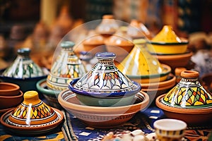 An assortment of colorful Moroccan tagines, mediterranean food life style Authentic living