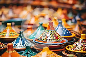 An assortment of colorful Moroccan tagines, mediterranean food life style Authentic living