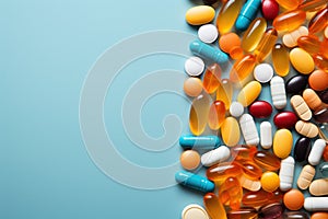 Assortment of colorful pills and capsules on blue background