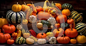 An assortment of colorful pumpkins and gourds, evoking the festive spirit of autumn and the abundance of the harvest season.