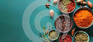 Assortment of colorful spices, seasonings and herbs in bowls on dark green backdrop. Top view. Wide banner with copy