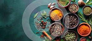 Assortment of colorful spices, seasonings and herbs in bowls on a dark green backdrop. Top view. Wide banner with copy