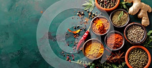 Assortment of colorful spices, seasonings and herbs in bowls on a dark green surface. Top view. Wide banner with copy