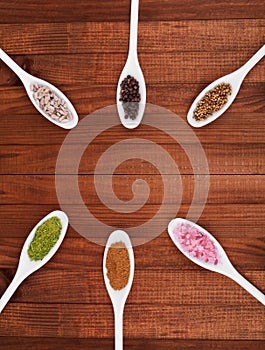 Assortment of colorful spices in the wooden spoons.