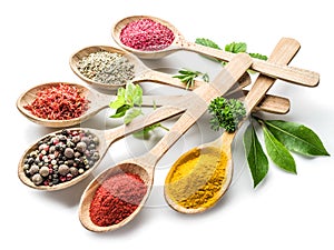 Assortment of colorful spices in the wooden spoons