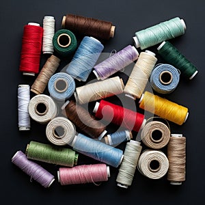 An assortment of colorful spools of thread scattered on a dark surface