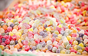 Assortment colourful gummy candies at market