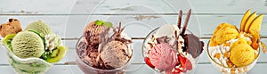 Assortment of colourful ice-cream sundae desserts