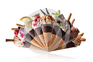 Assortment cone ice cream fan-shaped white photo