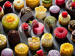 Assortment of confectionery in different shapes and colors on black background. sweets and desserts illustration