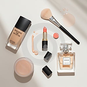 Assortment of cosmetic items on a light background. Includes a liquid foundation