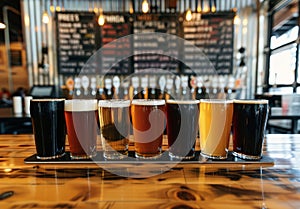 Assortment of craft beers on a wooden bar