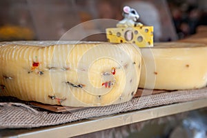 Assortment of craft cheese on the counter of the farmers ' market. The farmer's market presents the products of a small