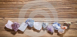 Assortment of crystal healing stones in a banner