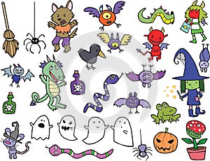 Assortment of Cute Halloween Cartoon Characters and Icons
