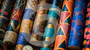 An assortment of decorative Hanukkah candles each one uniquely decorated with geometric designs and bold hues