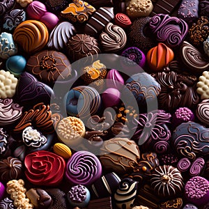 Assortment of delicious chocolate candies as background. Top view. Generative AI