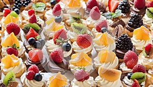 Assortment of delicious and colorful dessert, chocolate cakes, mixed berry tarts, Lemon Meringue Tarts, chocolate tarts