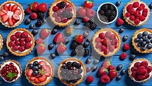 Assortment of delicious and colorful dessert, chocolate cakes, mixed berry tarts, Lemon Meringue Tarts, chocolate tarts