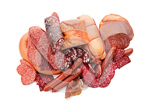 Assortment of delicious deli meats on white background photo