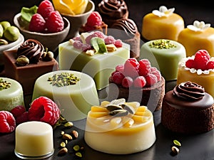 assortment of delicious desserts with raspberries. sweets and confectionery illustration
