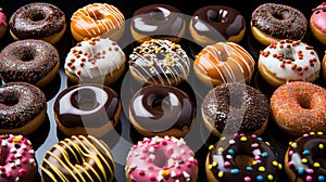 Assortment Of Delicious Donuts With Various Toppings And Icings On A Black Background. Generative AI