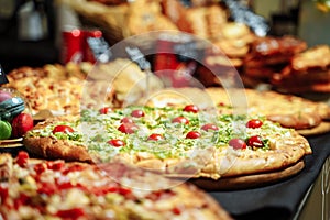 Assortment of delicious Italian pizzas in the restaurant
