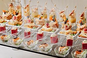 Assortment of delicious snacks on the open buffet festive table in restaurant. Catering plate