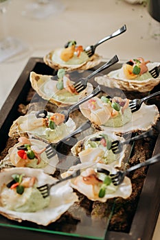 Assortment of delicious snacks on the open buffet festive table in restaurant. Catering plate