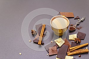 Assortment of different chocolate types and coffee