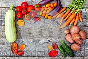 Assortment different fresh organic vegetables on country style wooden background