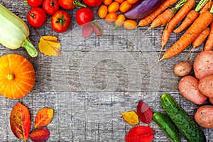 Assortment different fresh organic vegetables on country style wooden background