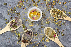 Assortment of different grade dry tealeaf in wooden spoons and cup of green tea. Organic herbal, green and black tea with dry photo