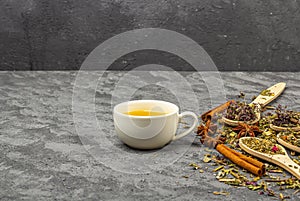 Assortment of different grade dry tealeaf in wooden spoons and two cup of green tea. Organic herbal, green and black tea with dry photo