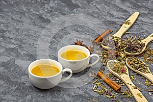 Assortment of different grade dry tealeaf in wooden spoons and two cup of green tea. Organic herbal, green and black tea with dry photo