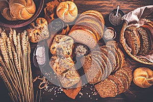 Assortment of different kind of cereal bakery - bread, pasties, buns, with healthy seeds