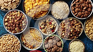 Assortment of different kinds cereals placed in ceramic bowls on table