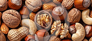 Assortment of different nuts creating a rustic and organic background perfect for natural themes