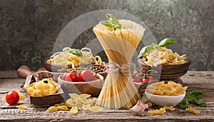 Assortment of different types of Italian pasta. Food background