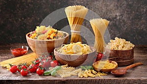 Assortment of different types of Italian pasta. Food background