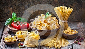 Assortment of different types of Italian pasta. Food background