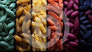 assortment of different types of pasta in different colors.