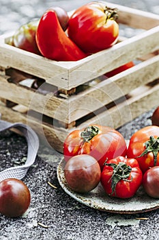 Assortment of different varieties of fresh tomatoes from the vegetable garden